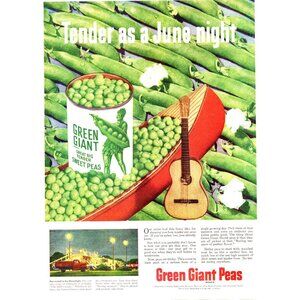 1951 Green Giant Canned Peas Vintage Print Ad Wooden Canoe Guitar 50s Wall Art
